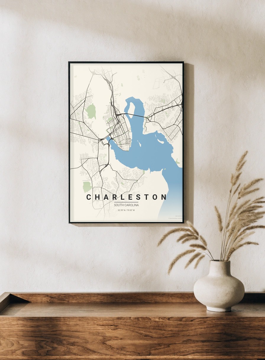 The map framed on a styled living-room wall