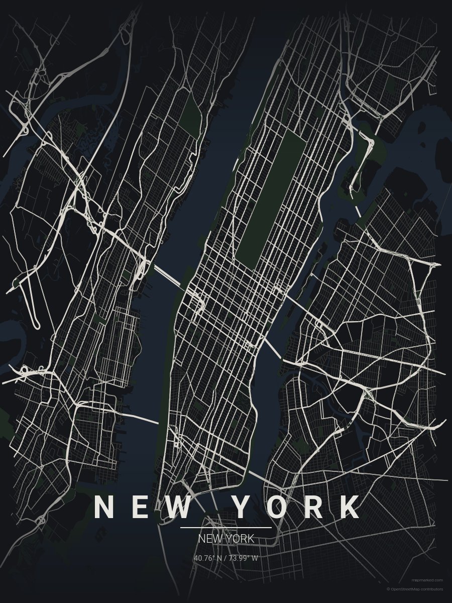 New York map render in a dark palette